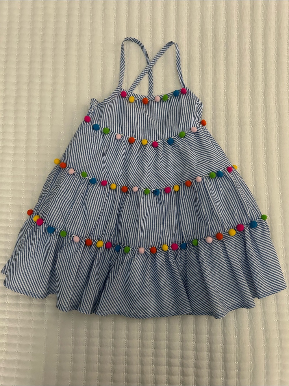 Tommy Bahama Blue/White Tiered Ruffle Sundress with Colorful Pom-Pom Trim 2T